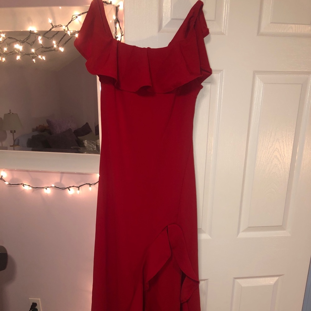 Off the shoulder, long red dress with leg slit